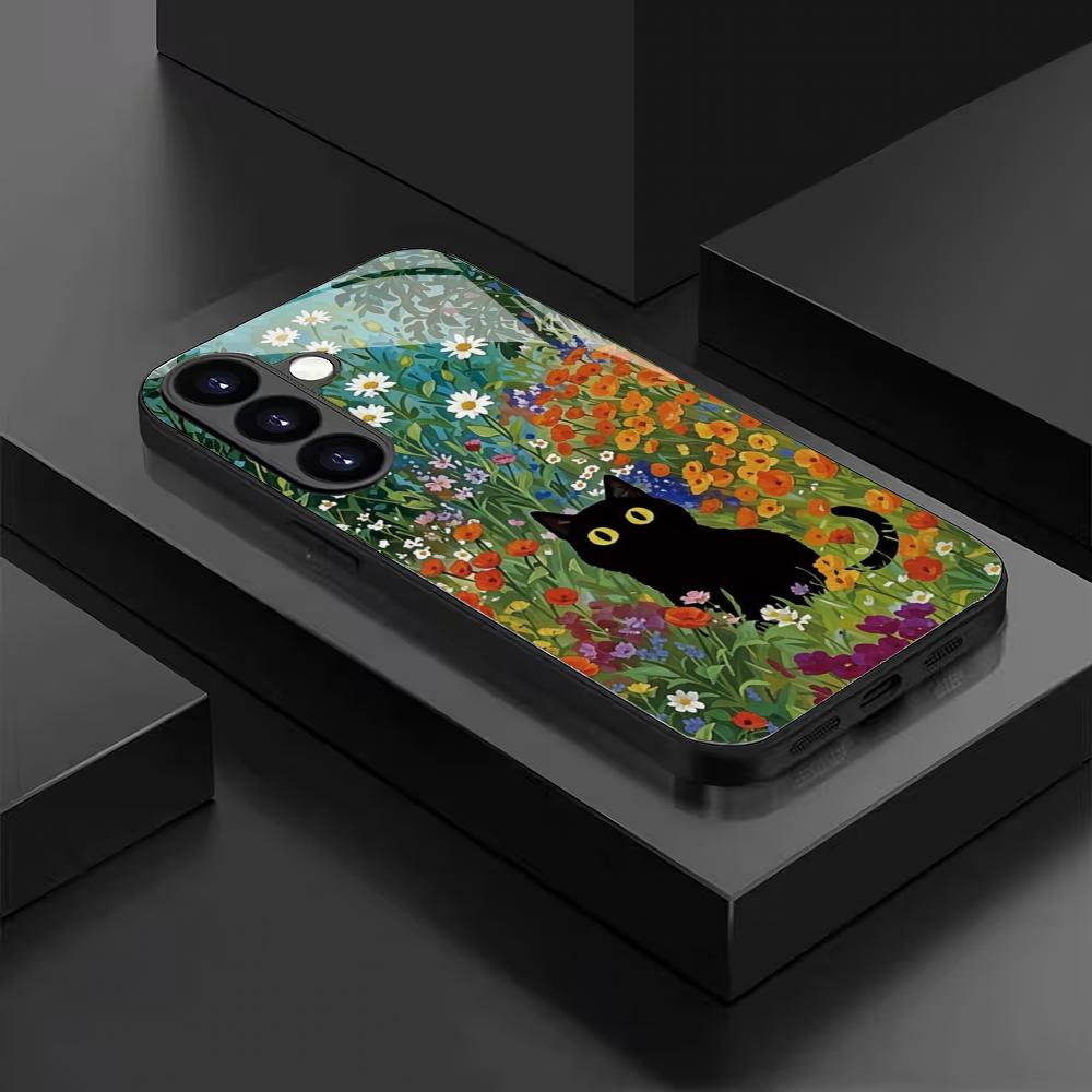 Katze im Blumenbusch gehärtetes Glas Handyhülle geeignet für Samsung Galaxy S26 S25 S24 S22 S21 S20 FE/Ultra/Plus sturzsicher