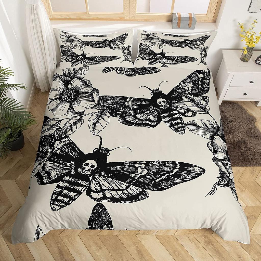 Black Death Moth Duvet Cover Set Gothic Skull Bedding Set Butterfly Bedclothes Moon Stars Polyester Quilt Cover for Kids Teens