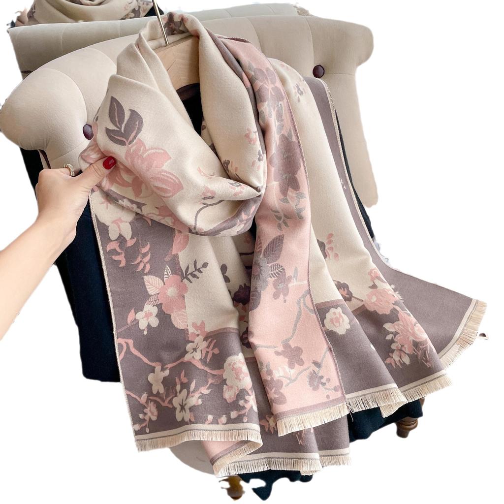 Szalik Damski Imitacja Kaszmiru, Szal Dwustronny w Kwiaty w Stylu Retro Chińskim, Gruby i Ciepły
