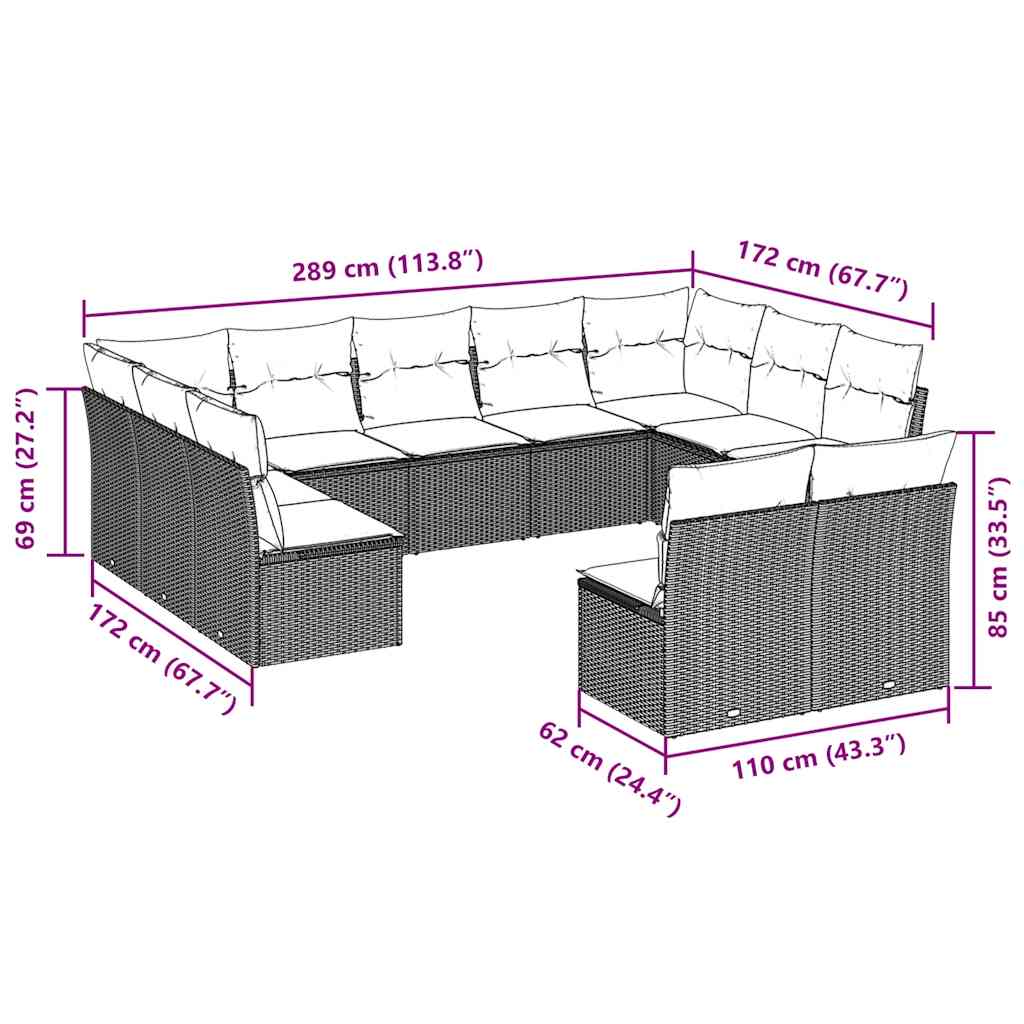 11-teiliges Gartensofa-Set mit Kissen Braun Poly-Rattan