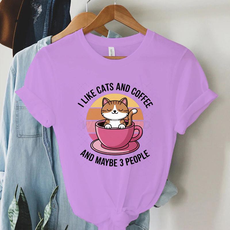 Kawaii Cat Coffee Lover T Shirt I Like Cats and Coffee Classic Top Tees Crew Neck Summer Clothes Coffee Lover Gift Cat Mom Shirt