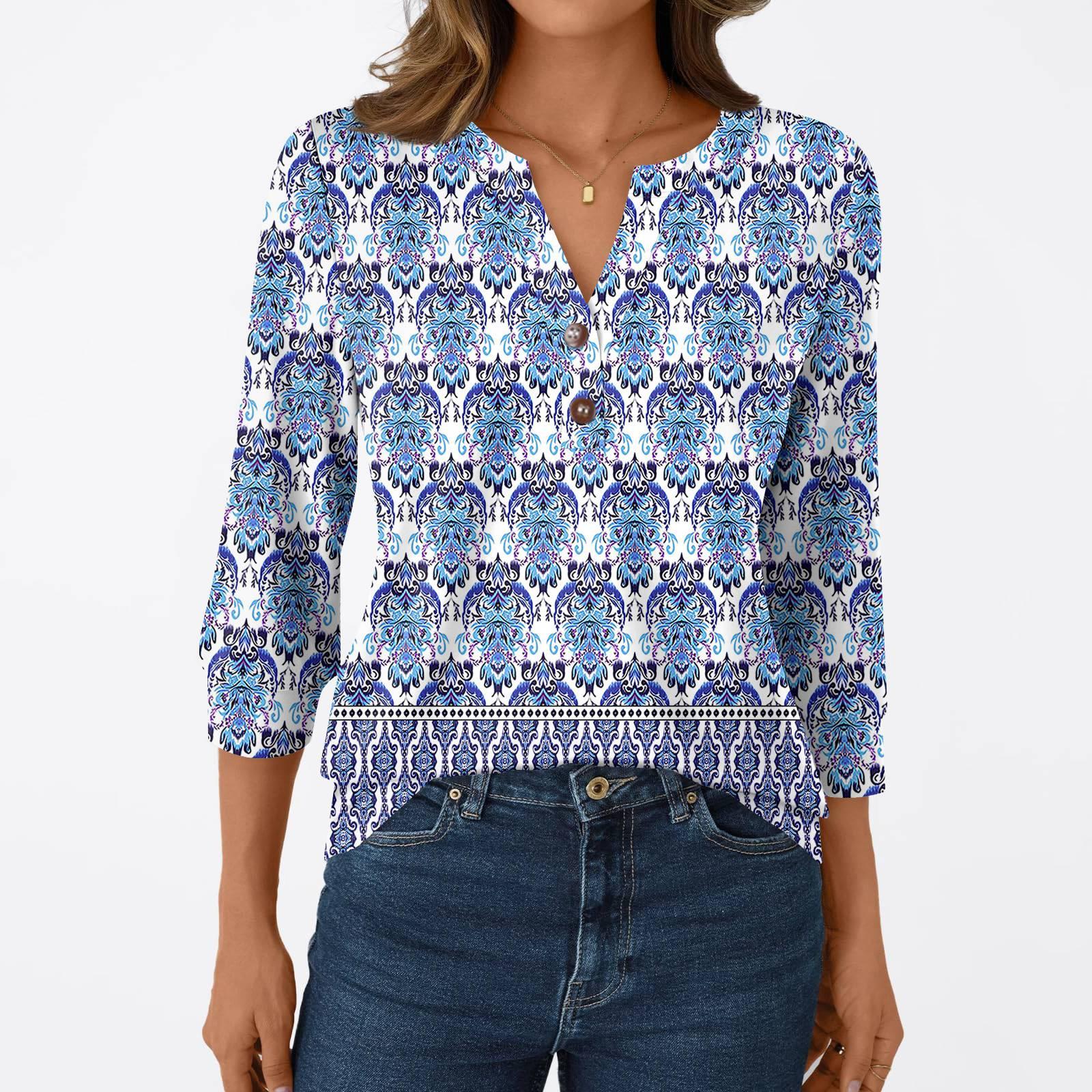 

Женская модная повседневная футболка с рукавом 3/4, с принтами, V-образным вырезом и пуговицами XL