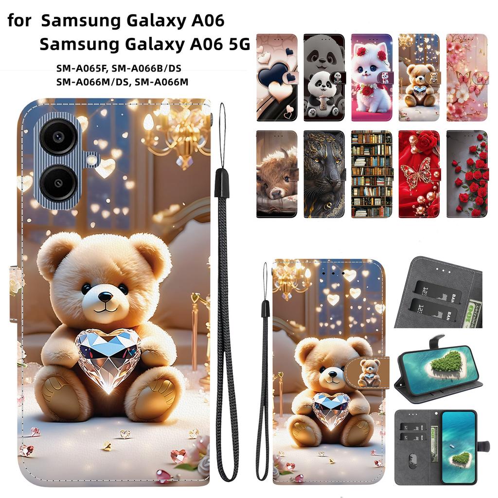 Handmade PU Leather Flip Case for Samsung A06/A06 5G (SM-A065F/A066B/A066M)- Anti-Slip Shockproof Cover with Wrist Strap & Heart/Rose Cat Designs