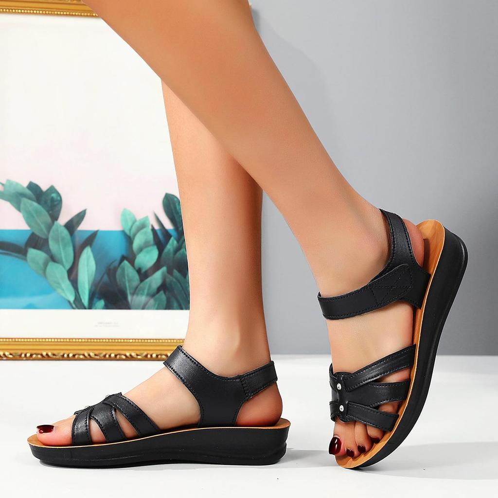 Genuine Leather Sandals for Women 40-60 Years - Non-Slip Soft Sole Summer Comfort Footwear for Mature Ladies