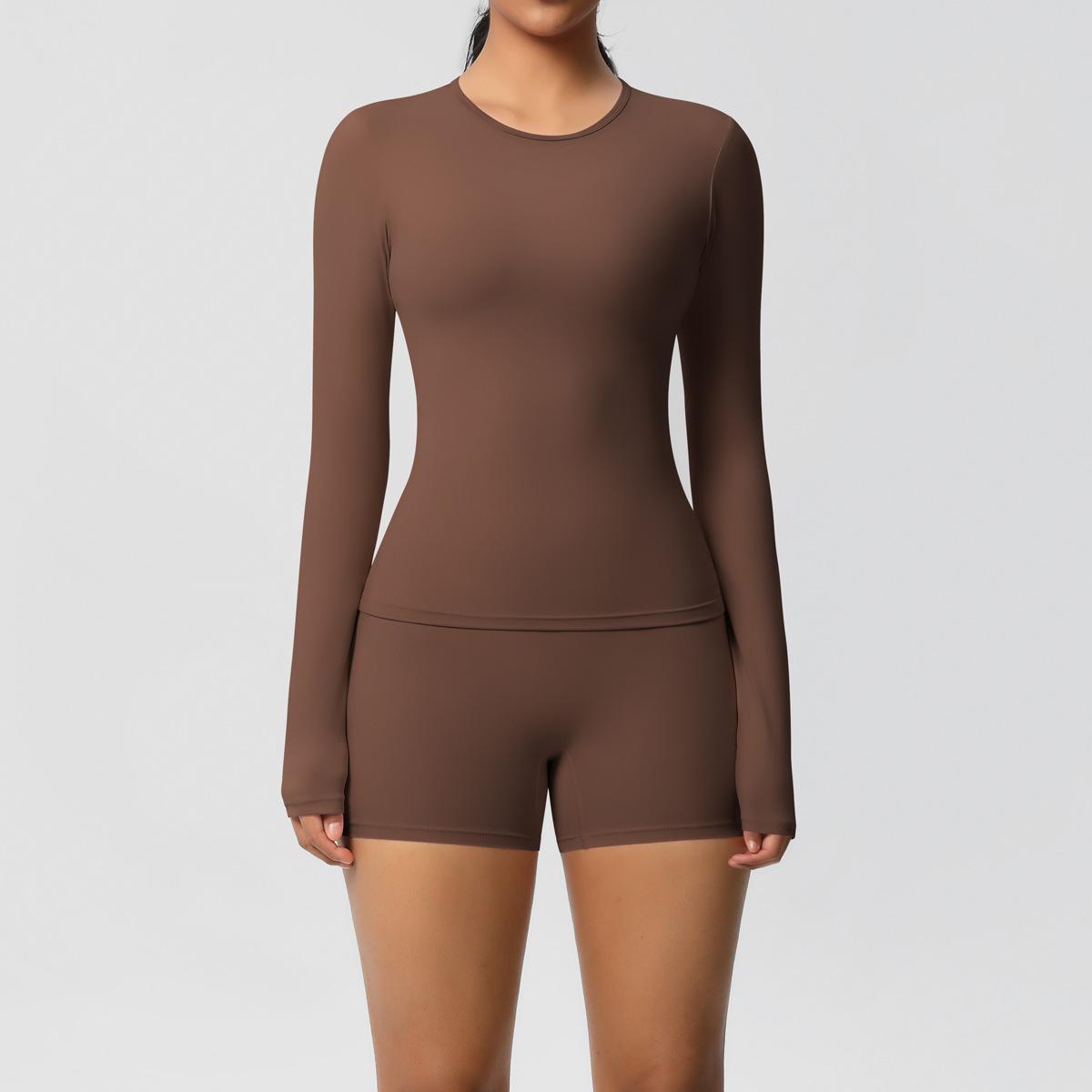 

Nessaj однотонный комплект для йоги, женская одежда для тренировок, шорты с высокой талией, рубашки с длинным рукавом, спортивная одежда для фитнеса S коричневый