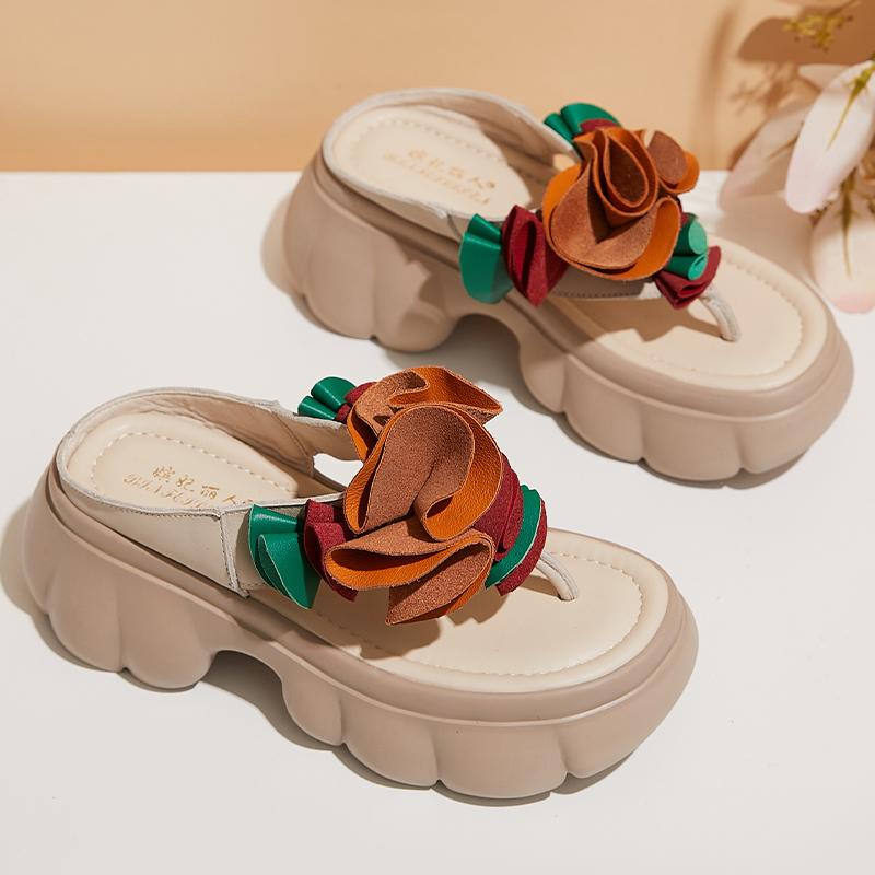

GKTINOO Genuine Leather Sandals Floral Women Slippers Summer Shoes Platform Outside Slides Thick Soles Leisure Ladies Slippers 8.5