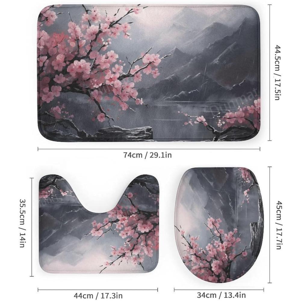 Antique Cherry Blossom Shower Curtain and Rug Set, Waterproof Bathroom Decor with Nature Theme