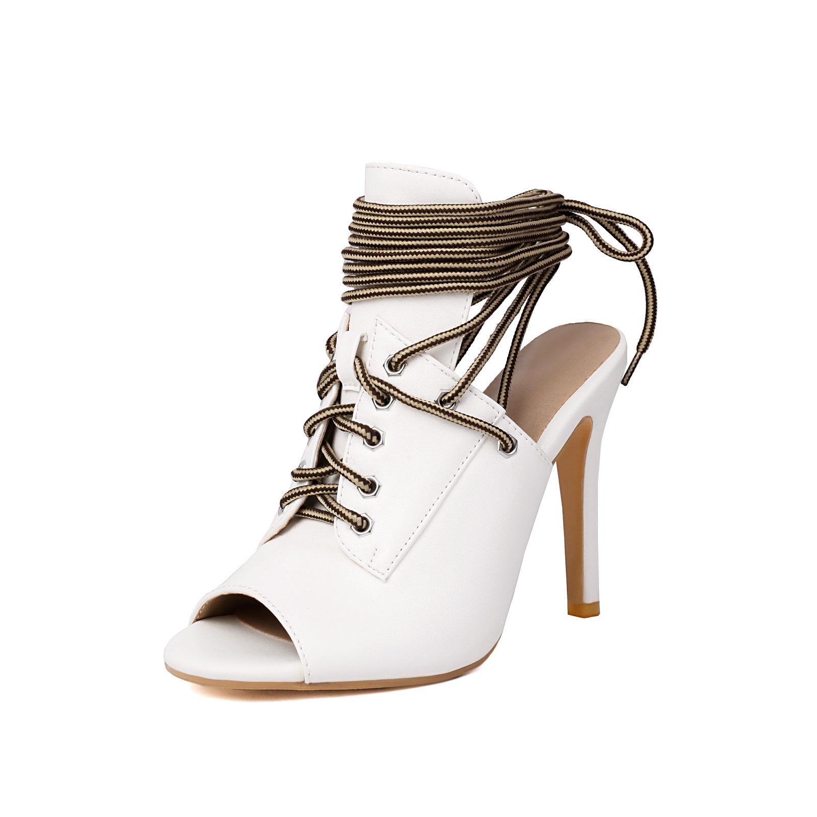 

Черные Белые Синие Женские Босоножки Лето 2025 Тонкий Высокий Каблук Туфли Бандаж Открытый Носок Нарядная Обувь 48 белый