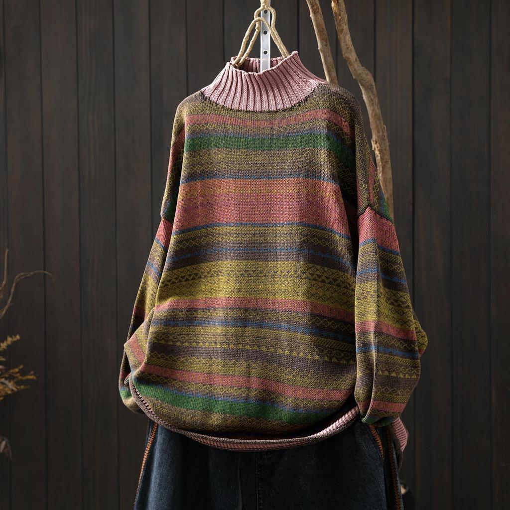 Winter Women's Colorful Striped Oversized Knit Sweater with Half-High Collar
