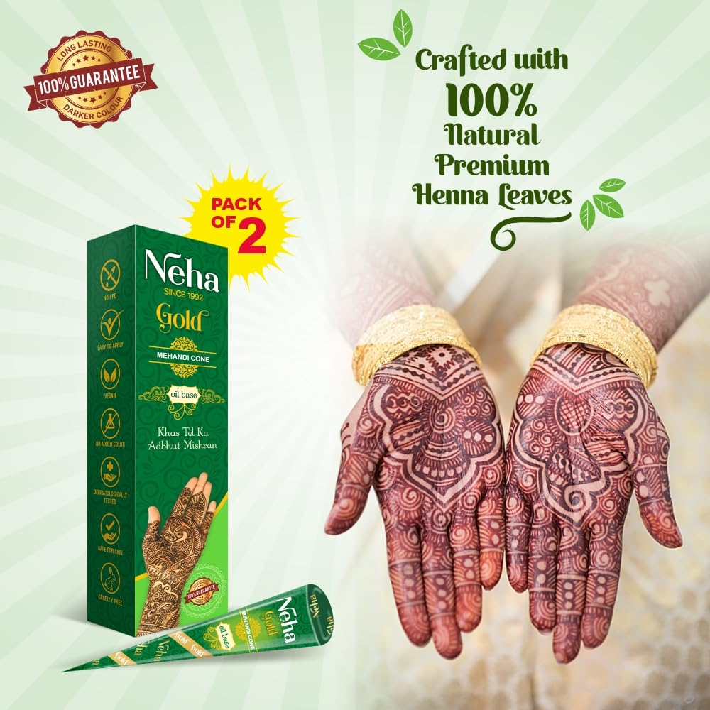 Neha Gold Mehandi Kegel Reine Hennapaste für Körperkunst Temporäres Tattoo Hände Füße Design Einfache Anwendung (2 Stück in 1 Schachtel X 5er-Pack)