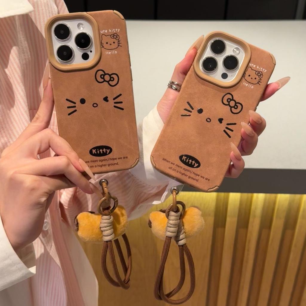 Retro Brown Large Hole Leather Cat Suitable for Apple 16promax Mobile Phone Case 14 New IPhone 15 Cartoon