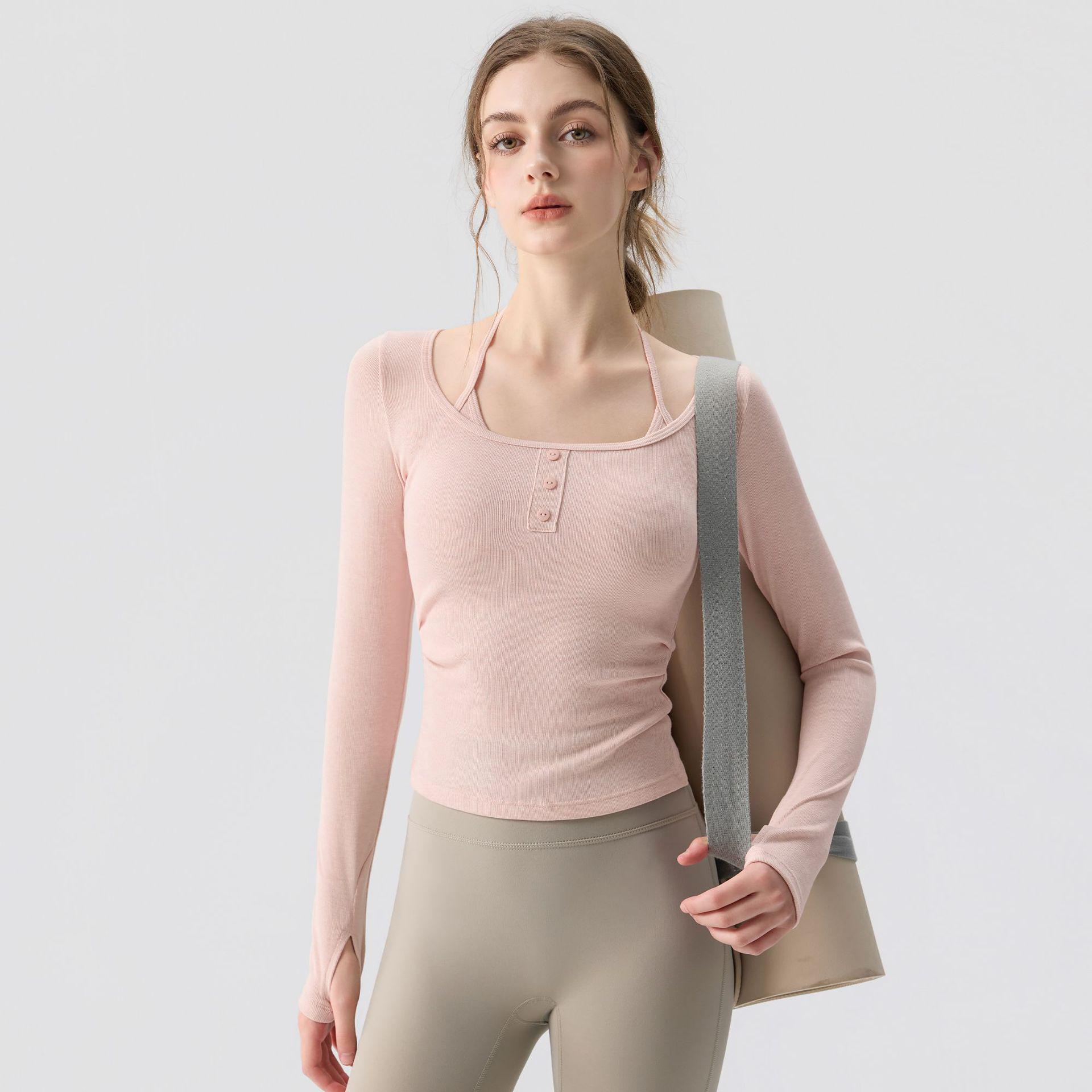 

Women s 2025 Long Sleeve Yoga & Fitness Set with Chest Pads - Faux Two-Piece Strappy Design for Running & Cycling M [95-105 pounds]
