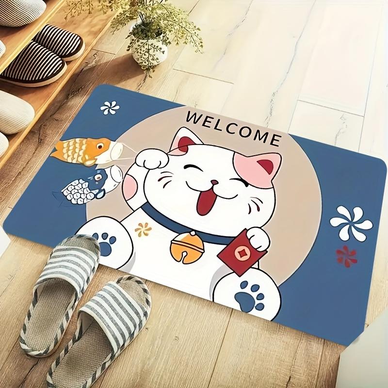 1 Pack of Polyester Fluffy Doormats, Non-slip, Hand Washable, Anti-fatigue Welcome Mats with Soft Lucky Cat Pattern