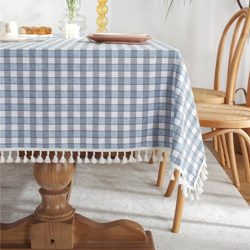 Silver Color Matching Plaid Polyester Fringed Tablecloth Geometric Rectangular Coffee Table Dining Table