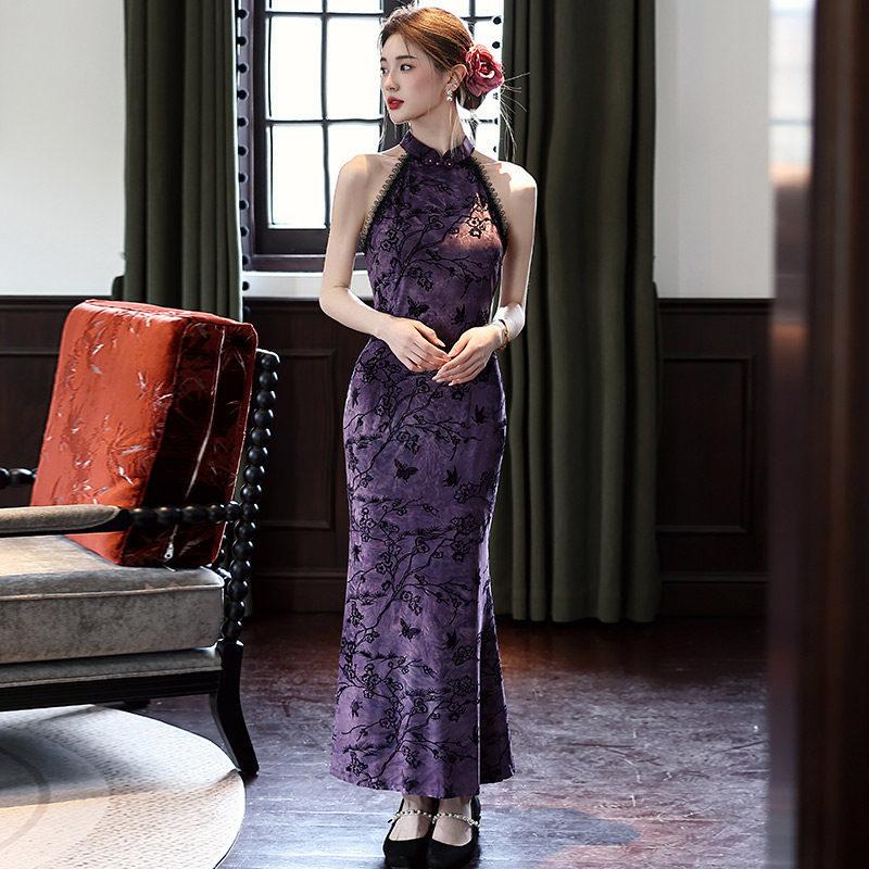 Purple fishtail neck national style new Chinese long cheongsam improved young 1011 new women's high-end dress