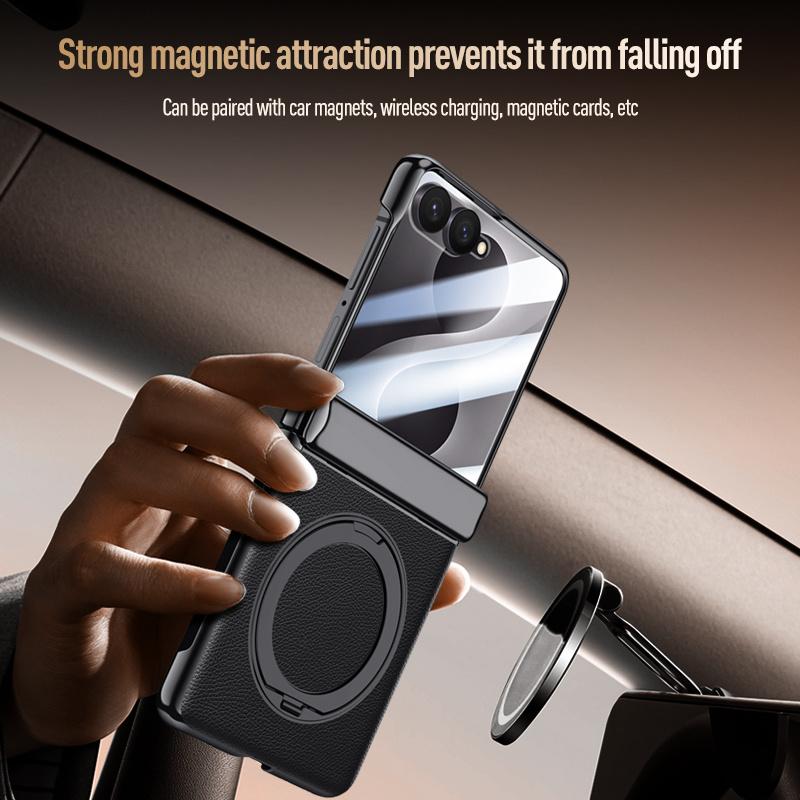 Für Samsung Galaxy Z Flip8 5G Luxuriöses PU-Leder 360° Schwenkbare Halterung Magnetische Gehärtetes Glas Frontfolie Für Magsafe Handyhülle