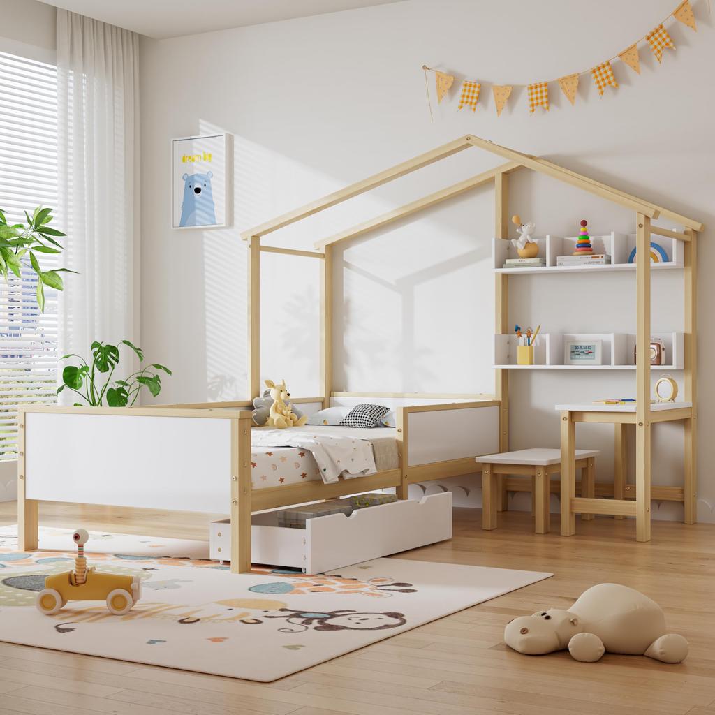 Kinderbett Hausbett Rausfallschutz, Holzbett Schubladen Lattenrost, Massivholz Tafel, Einzelbett 90 x 200 cm, Weiß
