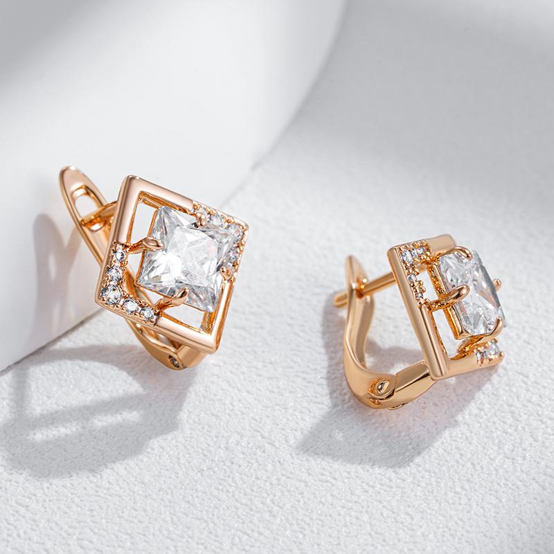 Luxury Rose Gold Color English Earrings For Women Simple Shiny Square Natural Zircon Accessories Wedding Fine Jewelry