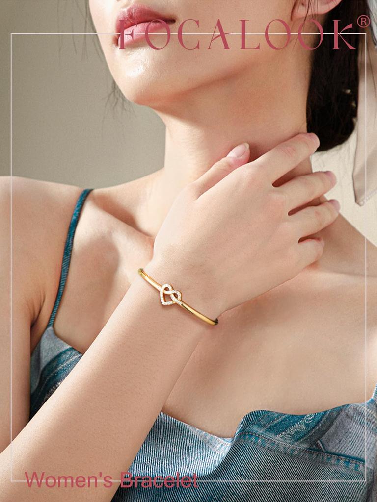Knotted Heart 361L Stainless Open 18k Accessories [FOCALOOK] Women's Bracelet, Bangle, Steel, Hypoallergenic, Zirconia, Bangle, Gold, Fashionable,