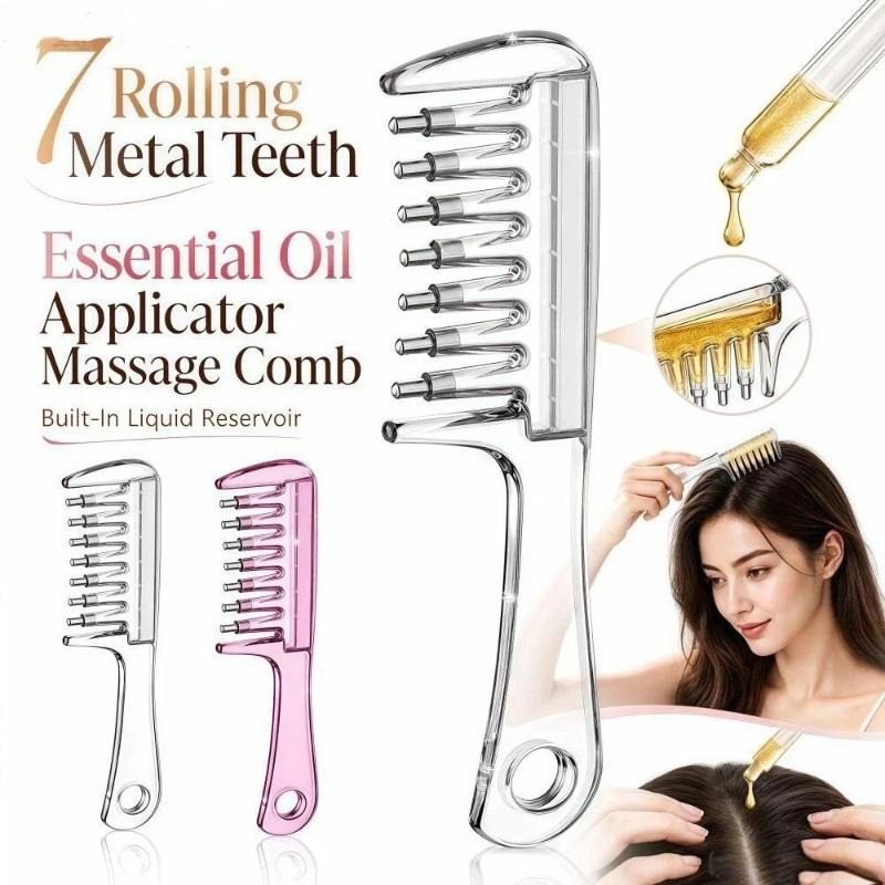 Unisex Transparent Essential Oil Applicator Massage Comb With Built-In Liquid Reservoir Rolling Metal Teeth