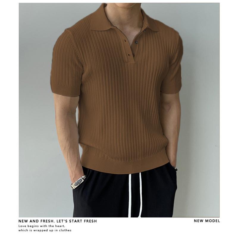 Summer Vintage Polo-neck Knitting Pullover Top Male Short Sleeve Solid Color Tee Men Casual Fashion T-shirt