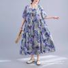 Summer New Literary Age Reduction Large Size Loose and Thin Printed Short-sleeved Long Dress with Pockets Over the Knee Skirt