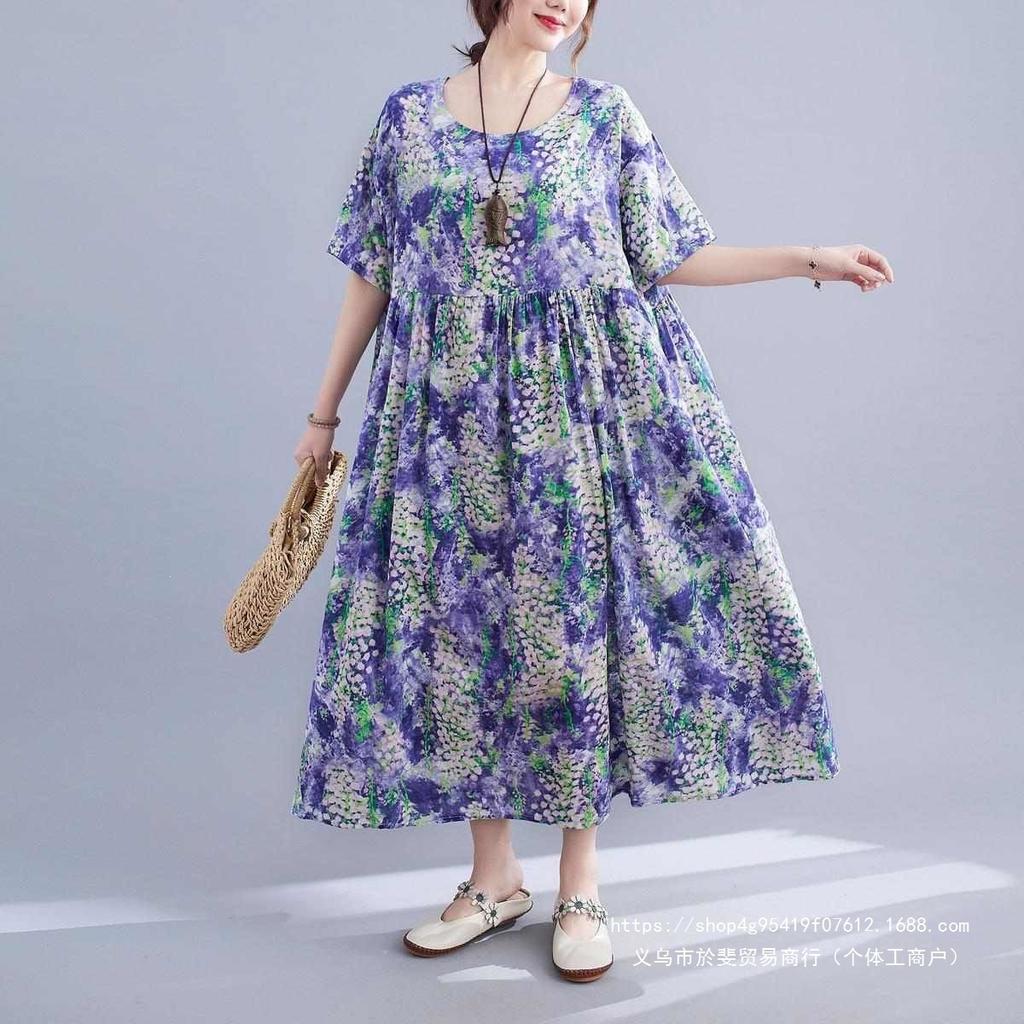 Summer New Literary Age Reduction Large Size Loose and Thin Printed Short-sleeved Long Dress with Pockets Over the Knee Skirt