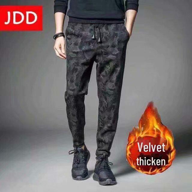 Men's Black Mid-Waist Striped Stretch Trousers with Velvet - Casual Autumn/Winter Loose Fit Jeans for Teens