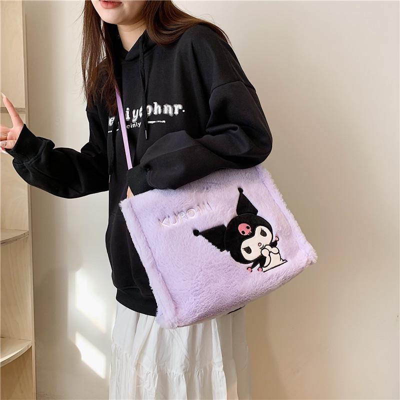 Women's Plush Kuromi & Cinnamoroll Tote Crossbody Bag - Cute Dog Tooth Design Handbag