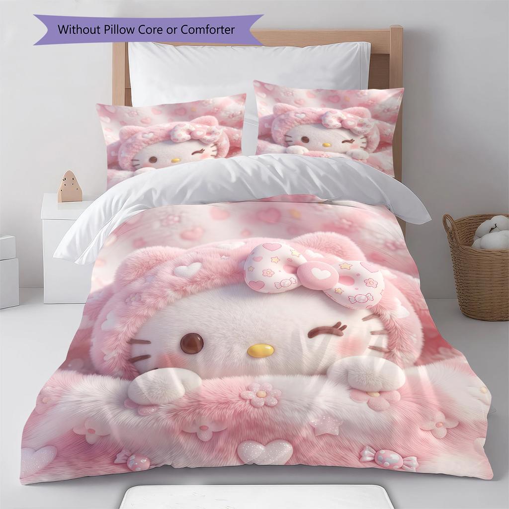 Hello Kitty Pink Pattern Bedding,Quilt Set Quilt Cover Pillowcase Home Birthday Gift(1 * duvet cover + 2 * pillowcase, without core)