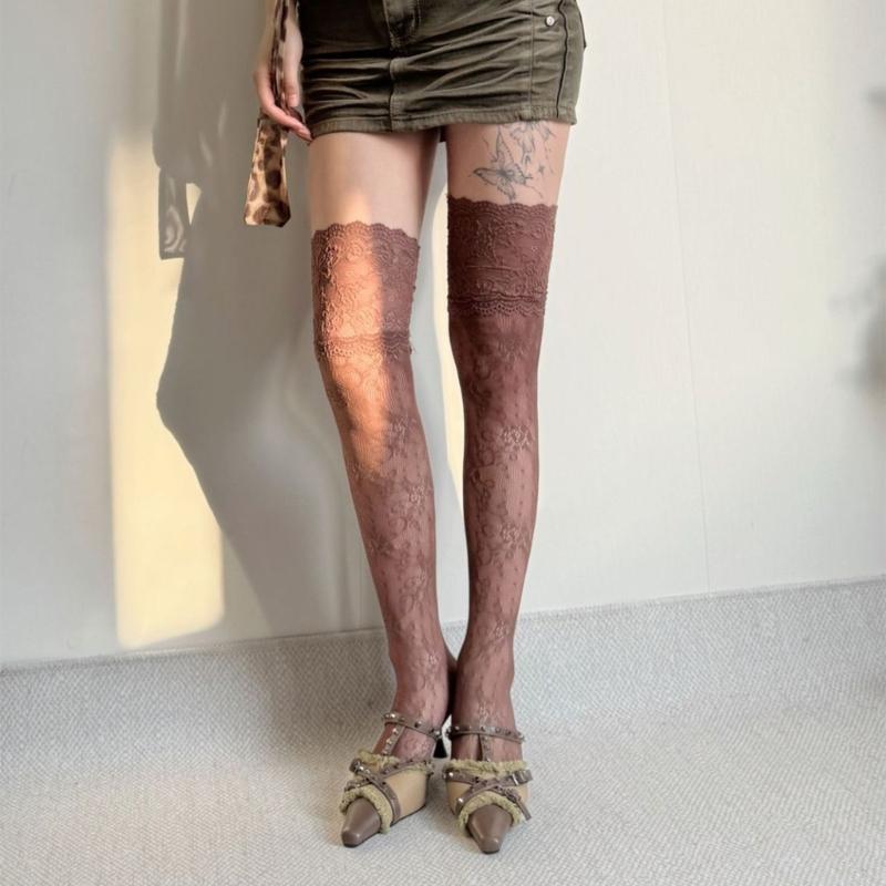 Stylish Long Boot Socks with Full Flower Lace Design for Women Sheer Colorful Fishnet Thigh High Over the Knee Stockings