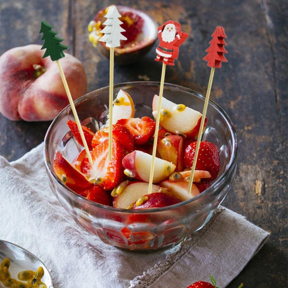 50/100Pcs Disposable Christmas Fruit Picks Santa Claus Fruit Salad Bamboo Sticks  Dessert