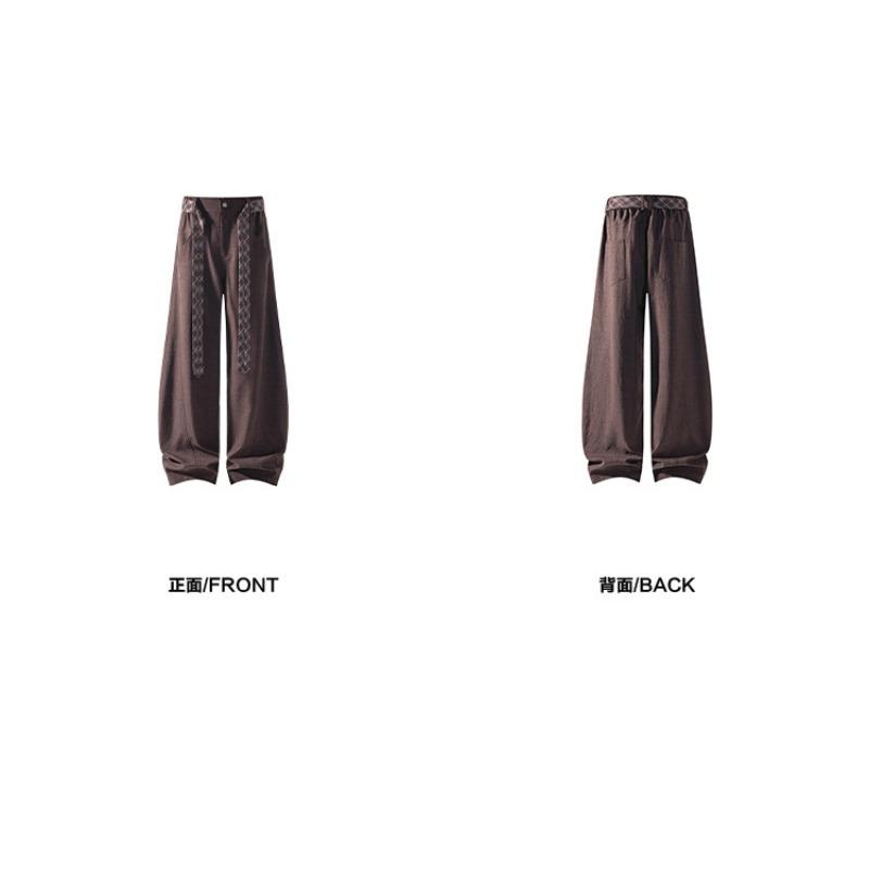 Vintage Contrast Color Plaid Belt Curved Wide Leg Loose Casual Pants For Men