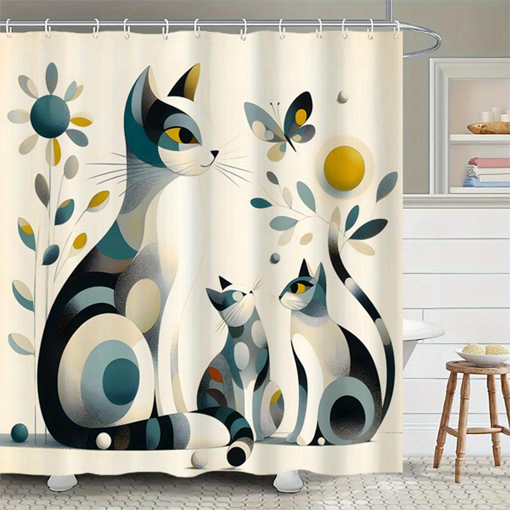 Boho Cat Print Polyester Shower Curtain with Hooks - Artistic Bathroom Decor, Two Cats & Floral Design