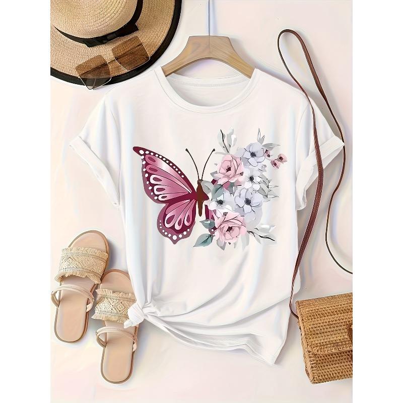 Women White Butterfly Floral Print T-Shirt Round Neck Relaxed Fit Spring Summer Fall Casual Vacation Top