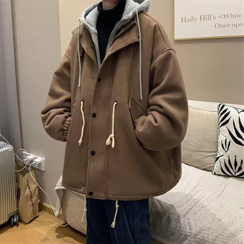 Men's Trendy Hooded Wool Coat, Medium-Length, Fake Two-Piece, Winter Style