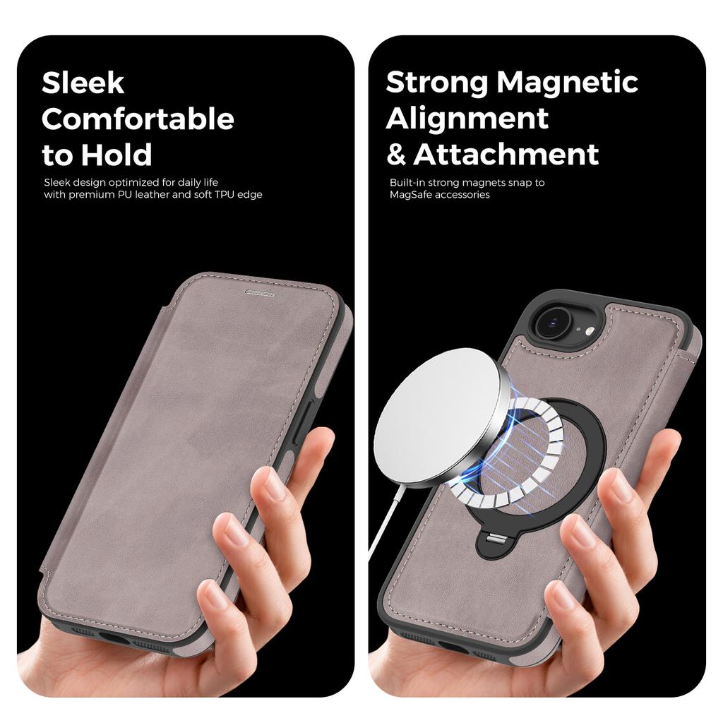All-Inclusive Flip Case Voor iphone 17e 16e Magnetisch 360° Rotatie Stand Reliëf PU Leer Kaartsleuf Contant Geld Portemonnee Case Cover