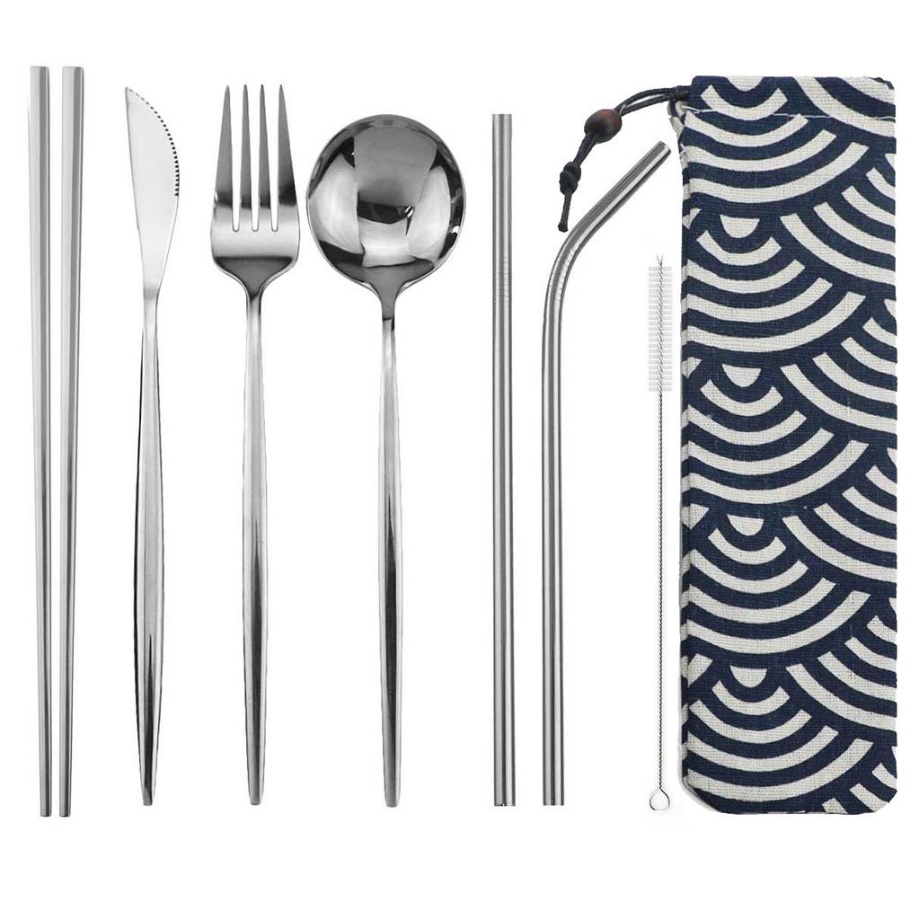 8pcs Portable Travel Knife Fork Spoon Chopsticks Straw Dinneware Set Blue Cutlery Set 304 Stainless Steel Silverware with Pouch