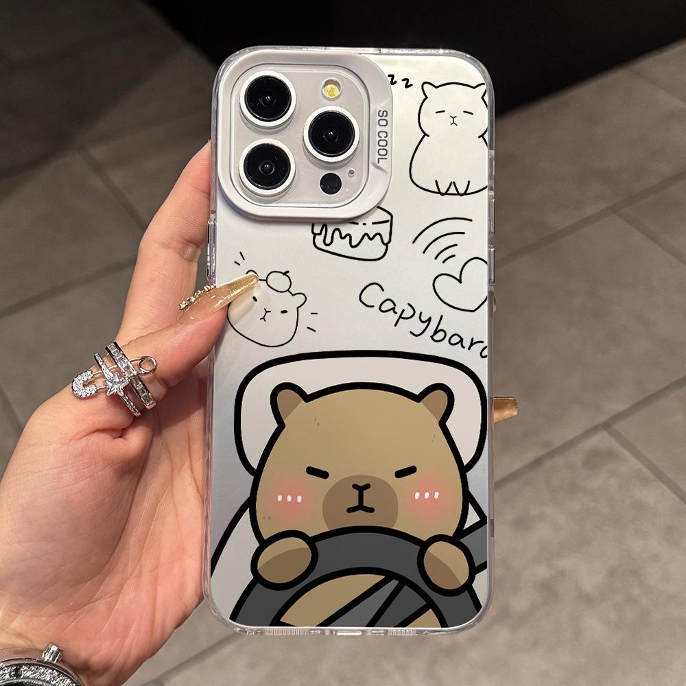 Lovely Cartoon Capybara Phone Case for iPhone 17 Air 16 16e 15 14 Plus 13 12 11 Pro Max X Xs XR 8 Colorful Silver Hard Cover