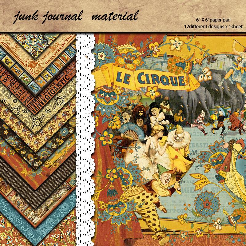 Ретро Цирк Крафт Бумага: 12 Листов с Рисунками Клоунов и Слонов для DIY Декора