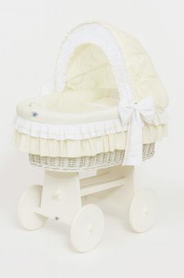 Culla in Vimini Moses con Cappottina Pieghevole Bellamy - Bianco + Biancheria da Letto Crema