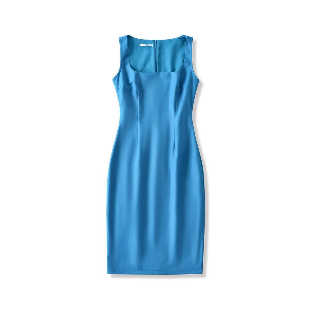 YPFF Trendy Women's Sleeveless Square Neck Slim Fit Dress Suit with Back Slit Skirt