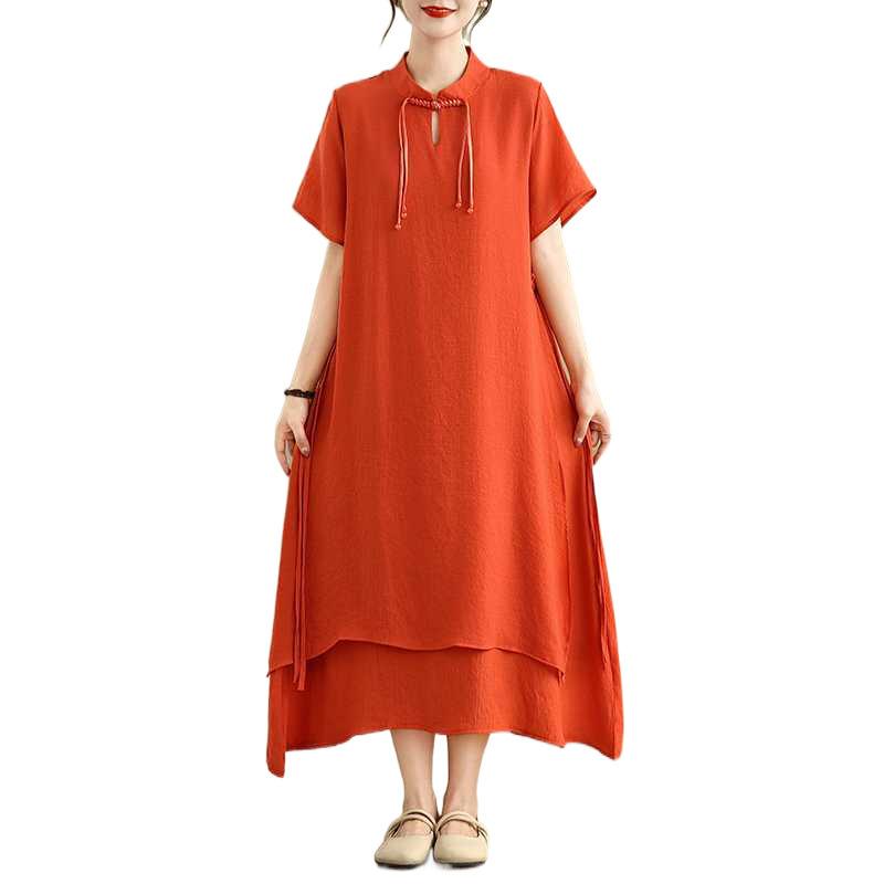 Summer Women's Short-sleeved Dress with Double Base Layers