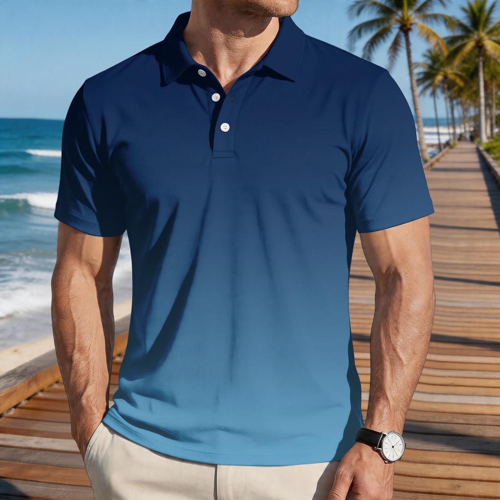 Men’s Loose Fit Casual Gradient Print Short Sleeve Polo Shirt with Turn Down Collar Soft Comfortable Fabric