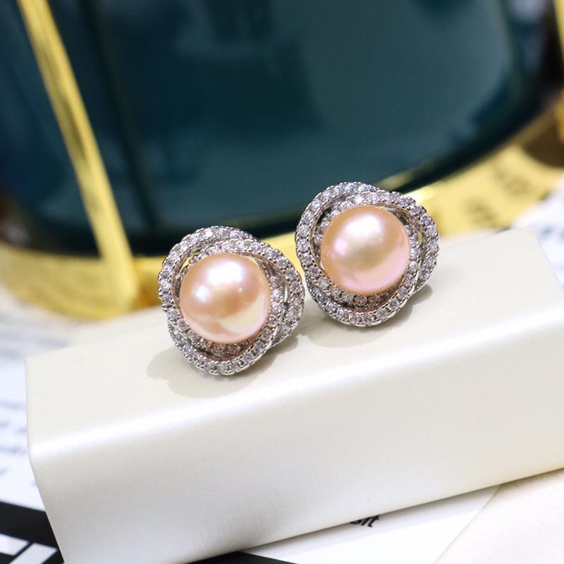 Elegant Freshwater Pearl 18K Gold-Plated Earrings: 8-9mm Studs with Zircon Details