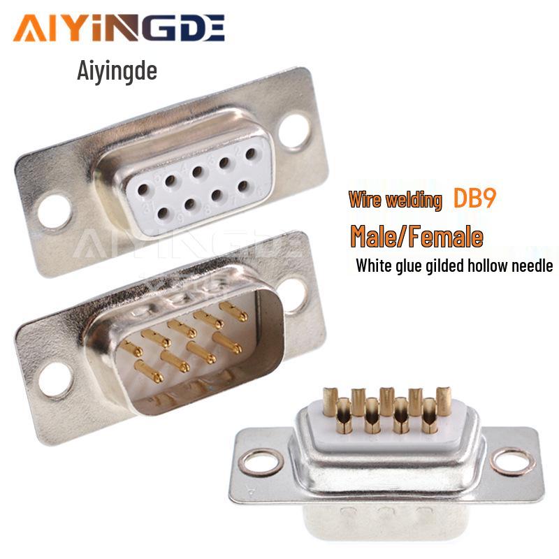 DB9 Male/Female Connector, Solder Type, D-SUB RS232 COM, Gold Plated, White Glue, Hollow Pin, Plastic Shell