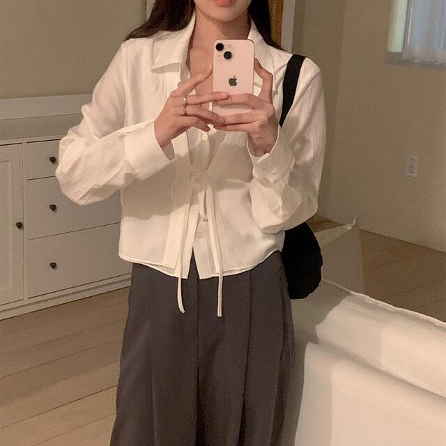 Korean INS Blogger Style 2026 Faux Two-Piece Lace-Up Blouse for Women - Early Spring/Autumn Fashion