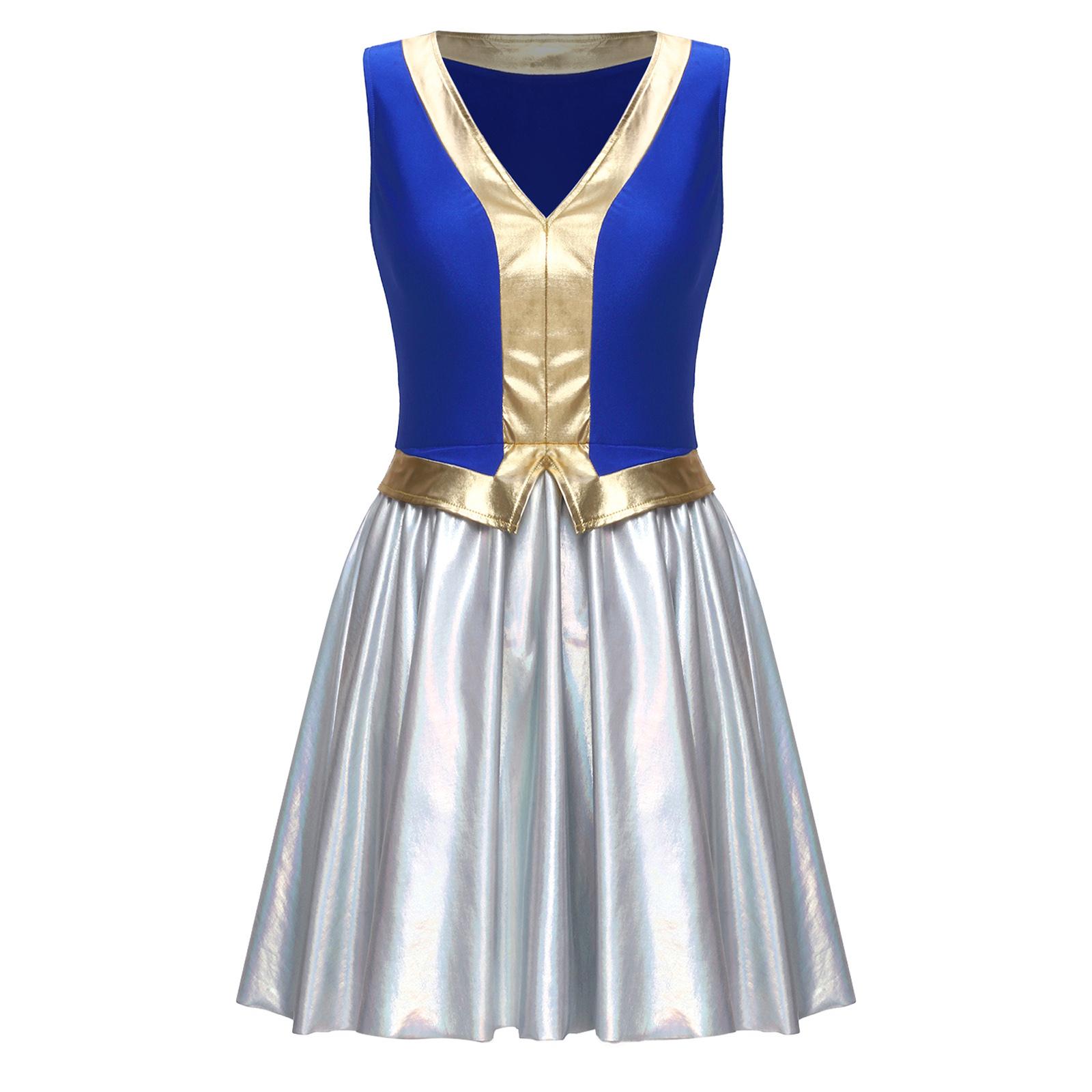 

Womens Halloween Arab Princess Cosplay Dress V Neck Sleeveless Contrast Color Metallic Shiny Party Dress S синій