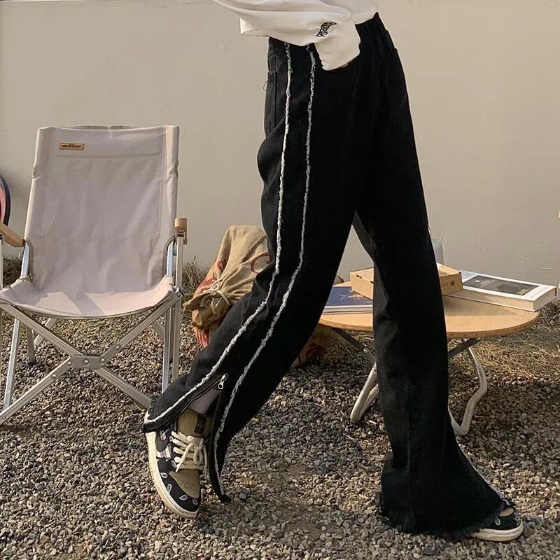 Jeans Women's Straight Leg Loose Spring and Autumn New Large Size American Street High Waist Slit Wide Leg Trousers