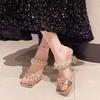Square Head Open-toe Crystal with Set Foot Non-slip High-heeled Slippers Summer New Anti-slip Wear-resistant Sandals